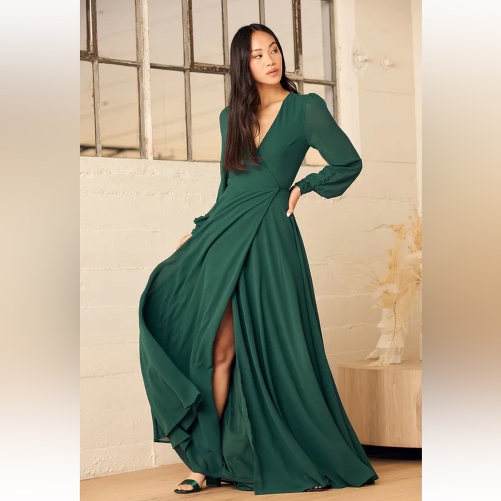Lulu's My Whole Heart Emerald Green Long Sleeve Maxi Wrap Dress